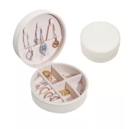   Ékszerdoboz charmoknak, gyűrűknek, karkötőknek, láncoknak, hordozható, kör alakú, fehér