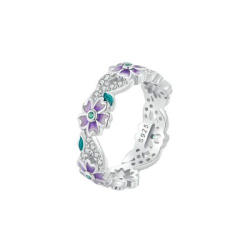 Ezüst gyűrű, lila virágos, 6-os méret