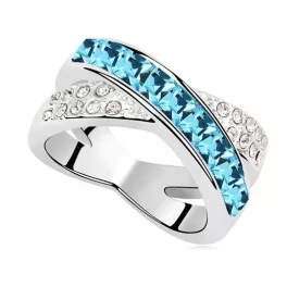 Keresztezett gyűrű, Aquamarine, Swarovski köves, 7,5