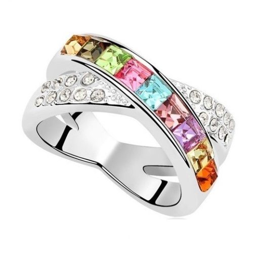 Keresztezett gyűrű, Multicolor, Swarovski köves, 5,5