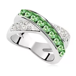 Keresztezett gyűrű, Peridot zöld, Swarovski köves, 5,5