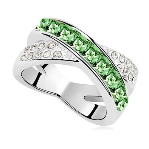 Keresztezett gyűrű, Peridot zöld, Swarovski köves, 6,5