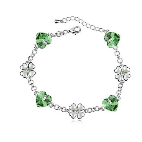 Szív és lóhere karkötő, Peridot zöld, Swarovski köves