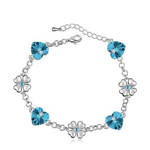 Szív és lóhere karkötő, Aquamarine, Swarovski köves