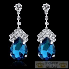   Ezüstözött, csepp alakú, kristályokkal díszített fülbevaló, kék 