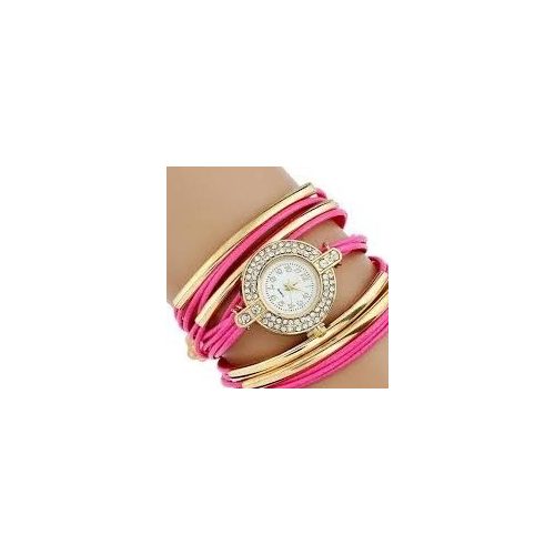 Strasszal díszített, fonott hatású női karkötő-óra, pink 