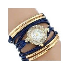   Strasszal díszített, fonott hatású női karkötő-óra, kék 