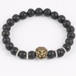   Oroszlános karkötő fekete lávakő gyöngyökkel, bronz színű 