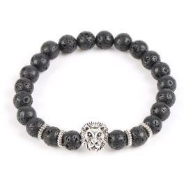 Oroszlános karkötő fekete lávakő gyöngyökkel, ezüst 
