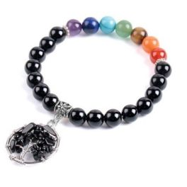   Fekete ónix karkötő életfa medállal és a 7 csakra színeivel 