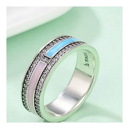 Strasszos ezüst gyűrű pink-kék, 7-es méret