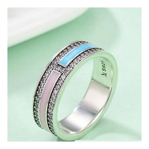 Strasszos ezüst gyűrű pink-kék, 8-as méret