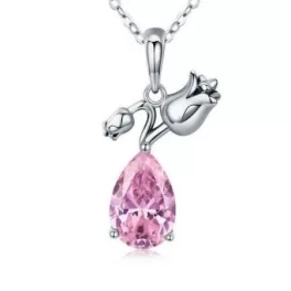   Ezüst nyaklánc tulipános medállal, kristállyal díszítve, pink