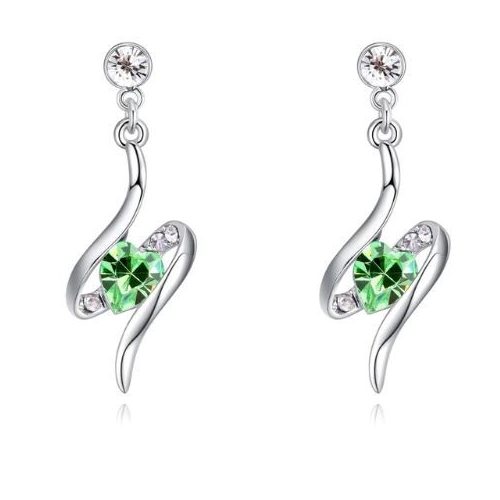 Spirálba foglalt szív fülbevaló Swarovski kristállyal díszített, peridot