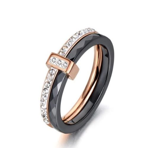 Női gyűrű, dupla, nemesacélból, rosegold-fekete, 9-es méret