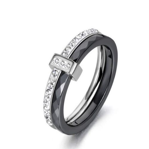 Női gyűrű, dupla, nemesacélból, fehérarany-fekete, 6-os méret