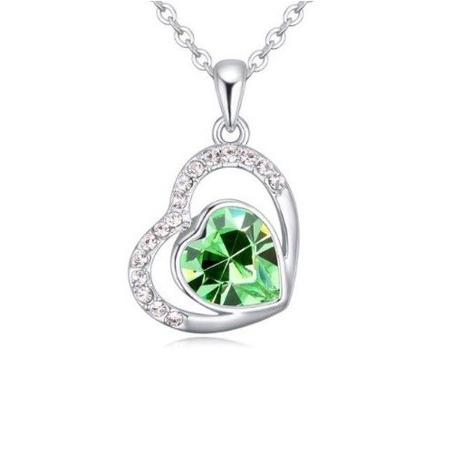 Nyaklánc duplaszíves medállal, Swarovski kristállyal díszített, peridot