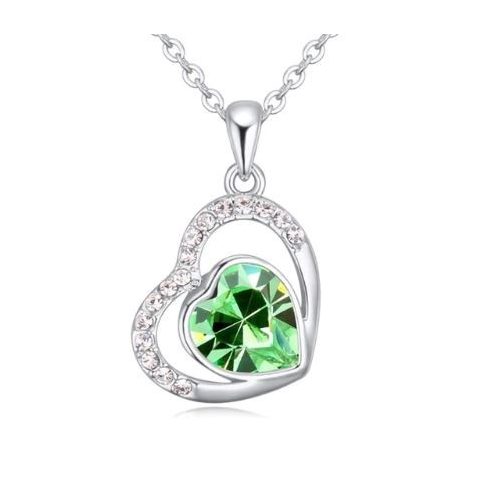 Nyaklánc szív a szívben medállal, Swarovski kristállyal díszített, peridot