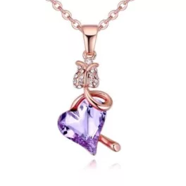   Nyaklánc virágos szív medállal, Swarovski kristállyal díszített, lila