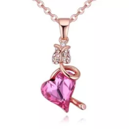   Nyaklánc virágos szív medállal, Swarovski kristállyal díszített, rózsaszín