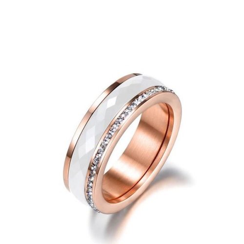 Női gyűrű nemesacélból, kerámiabetéttel, rosegold, 7