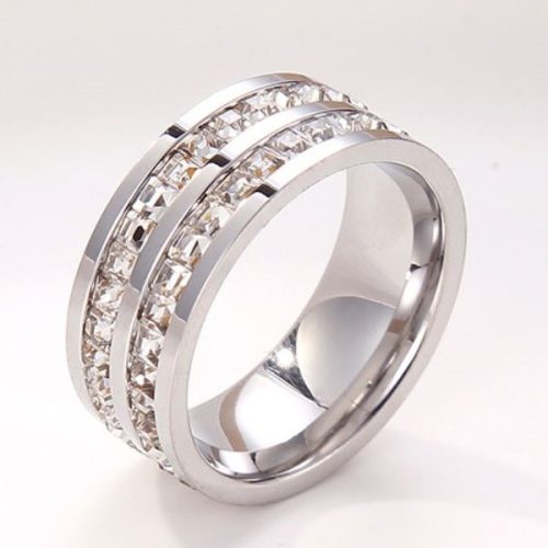 Női eljegyzési gyűrű nemesacélból, kristályos, ezüst, 5-ös méret