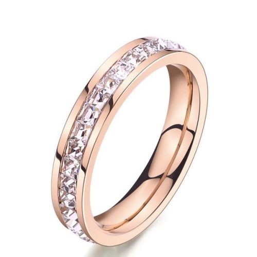 Női eljegyzési gyűrű, nemesacél, kristályos, rosegold, 7,
