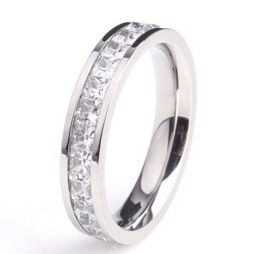 Női eljegyzési gyűrű, nemesacél, kristályos, ezüst, 7-es méret