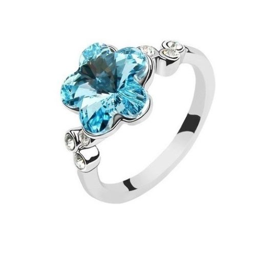 Virág formájú gyűrű, Aquamarine, Swarovski köves, 6,5