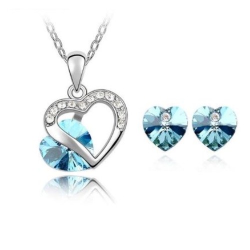 Szív ékszer szett, Aquamarine, Swarovski köves