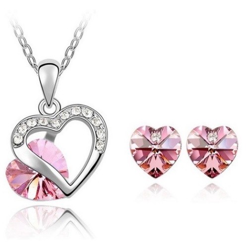 Szív ékszer szett, Világos Rózsa, Swarovski köves