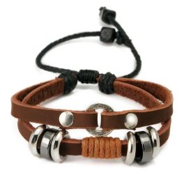 Dupla karkötő, bőr, barna, fém gyöngyökkel
