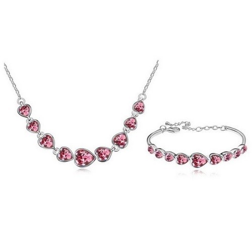 Szíves alakú ékszer szett, Rózsaszín, Swarovski köves