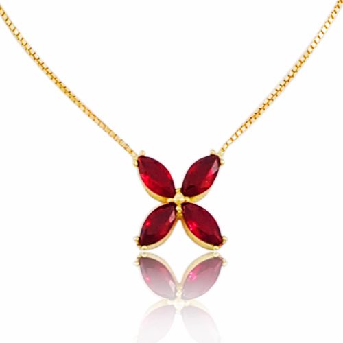 14k arany nyaklánc, vörös, négylevelű virág medállal