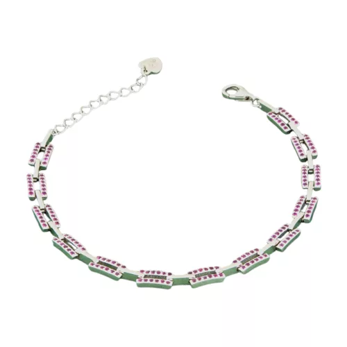 925 sterling ezüst karkötő rózsaszín kövekkel, 21 cm