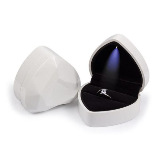 Prémium, szív alakú ékszerdoboz gyűrűnek, LED világítással,  Fehér