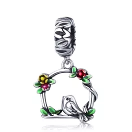 Ezüst charm 925, kismadár virágokkal