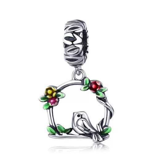 Ezüst charm 925, kismadár virágokkal